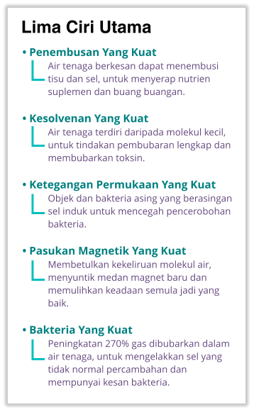 • Penembusan Yang Kuat Air tenaga berkesan dapat menembusi tisu dan sel, untuk menyerap nutrien suplemen dan buang buangan.  • Kesolvenan Yang Kuat Air tenaga terdiri daripada molekul kecil, untuk tindakan pembubaran lengkap dan membubarkan toksin.  • Ketegangan Permukaan Yang Kuat Objek dan bakteria asing yang berasingan sel induk untuk mencegah pencerobohan  bakteria.  • Pasukan Magnetik Yang Kuat Membetulkan kekeliruan molekul air, menyuntik medan magnet baru dan  memulihkan keadaan semula jadi yang  baik.  • Bakteria Yang Kuat Peningkatan 270% gas dibubarkan dalam air tenaga, untuk mengelakkan sel yang  tidak normal percambahan dan  mempunyai kesan bakteria. Lima Ciri Utama